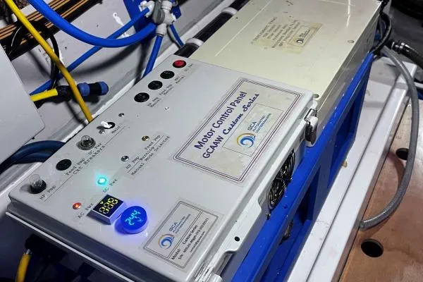 Meraki Yacht Photos Pics Motor control panel on NEEL 43, 2022 model, with various buttons and indicators.