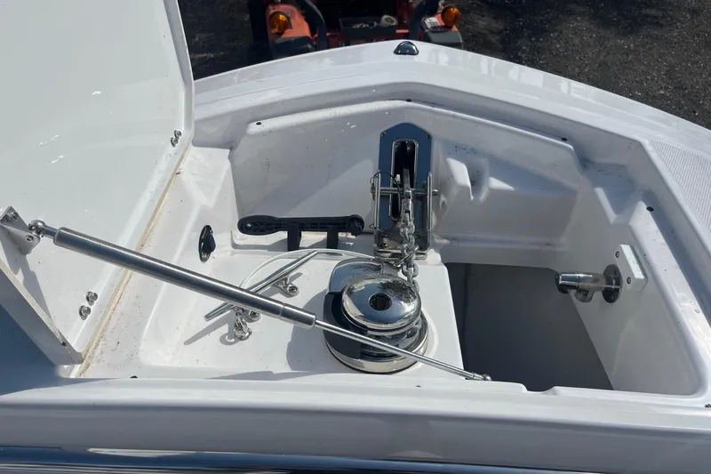  Yacht Photos Pics Anchor compartment of 2025 Blackfin 252 CC boat with stainless steel fittings.