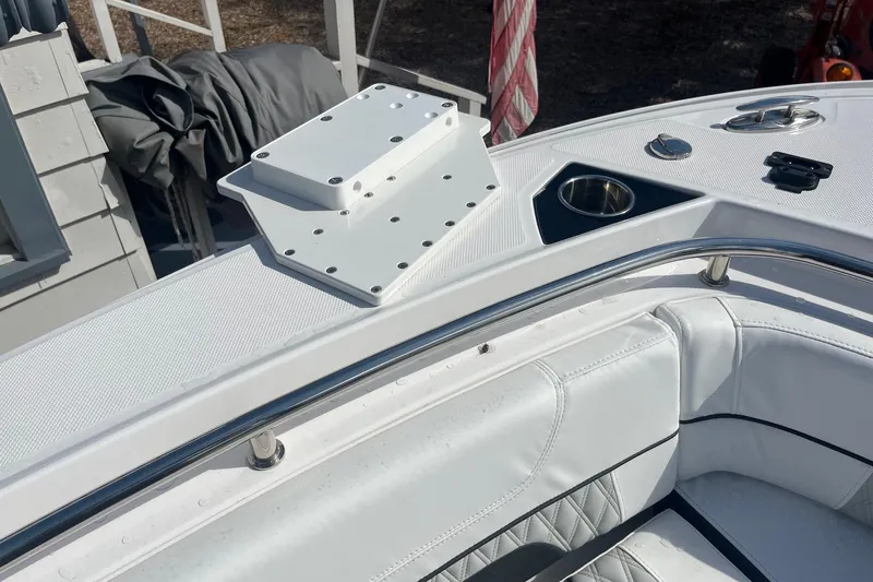  Yacht Photos Pics 2025 Blackfin 252 CC boat interior with white seating and stainless steel railings.