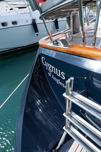 Cygnus Of Anglesey Yacht Photos Pics Oyster 82 yacht "Cygnus of Anglesey" docked, showcasing sleek design and polished finish.