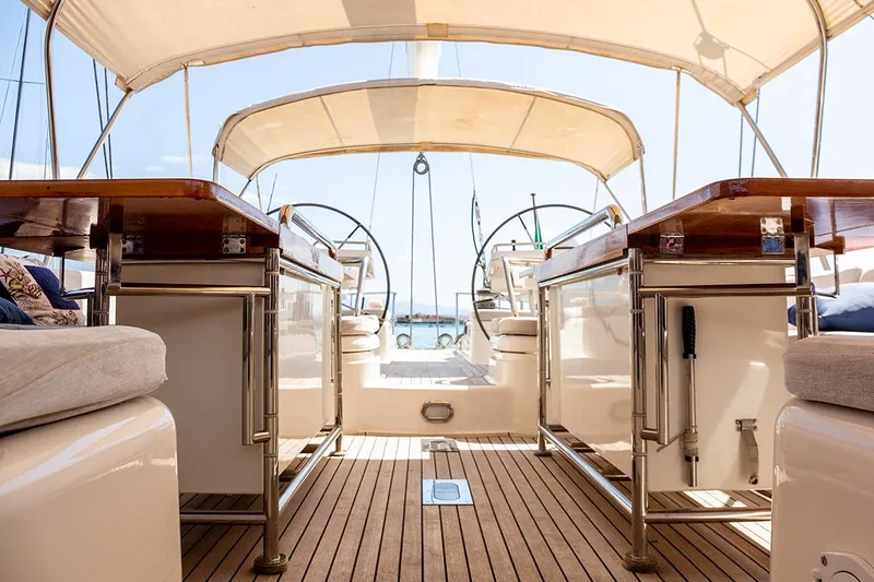 Cygnus Of Anglesey Yacht Photos Pics Luxurious 2004 Oyster 82 yacht interior with wooden deck and dual steering wheels.