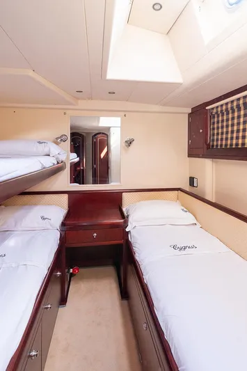 Cygnus Of Anglesey Yacht Photos Pics Luxurious cabin interior of 2004 Oyster 82 yacht with twin beds and elegant wood finish.