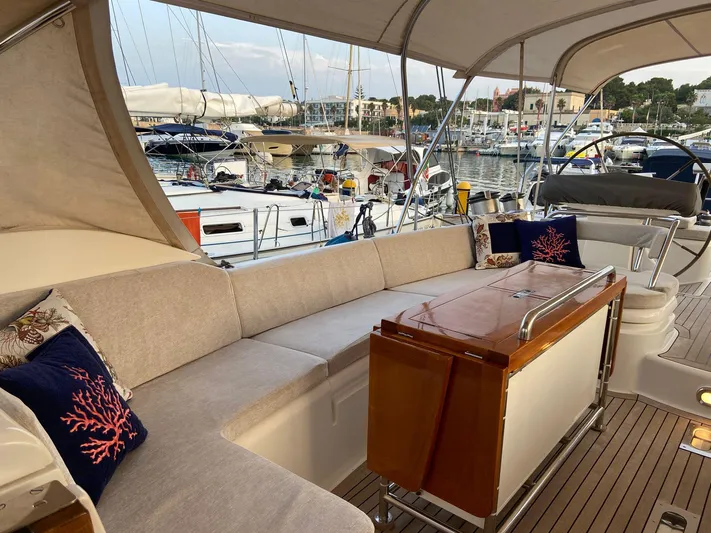 Cygnus Of Anglesey Yacht Photos Pics Luxurious 2004 Oyster 82 yacht interior with comfortable seating in a marina setting.