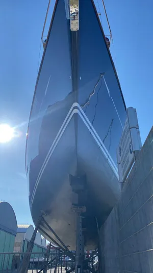 Cygnus Of Anglesey Yacht Photos Pics Oyster 82 yacht from 2004 in dry dock, viewed from the bow.