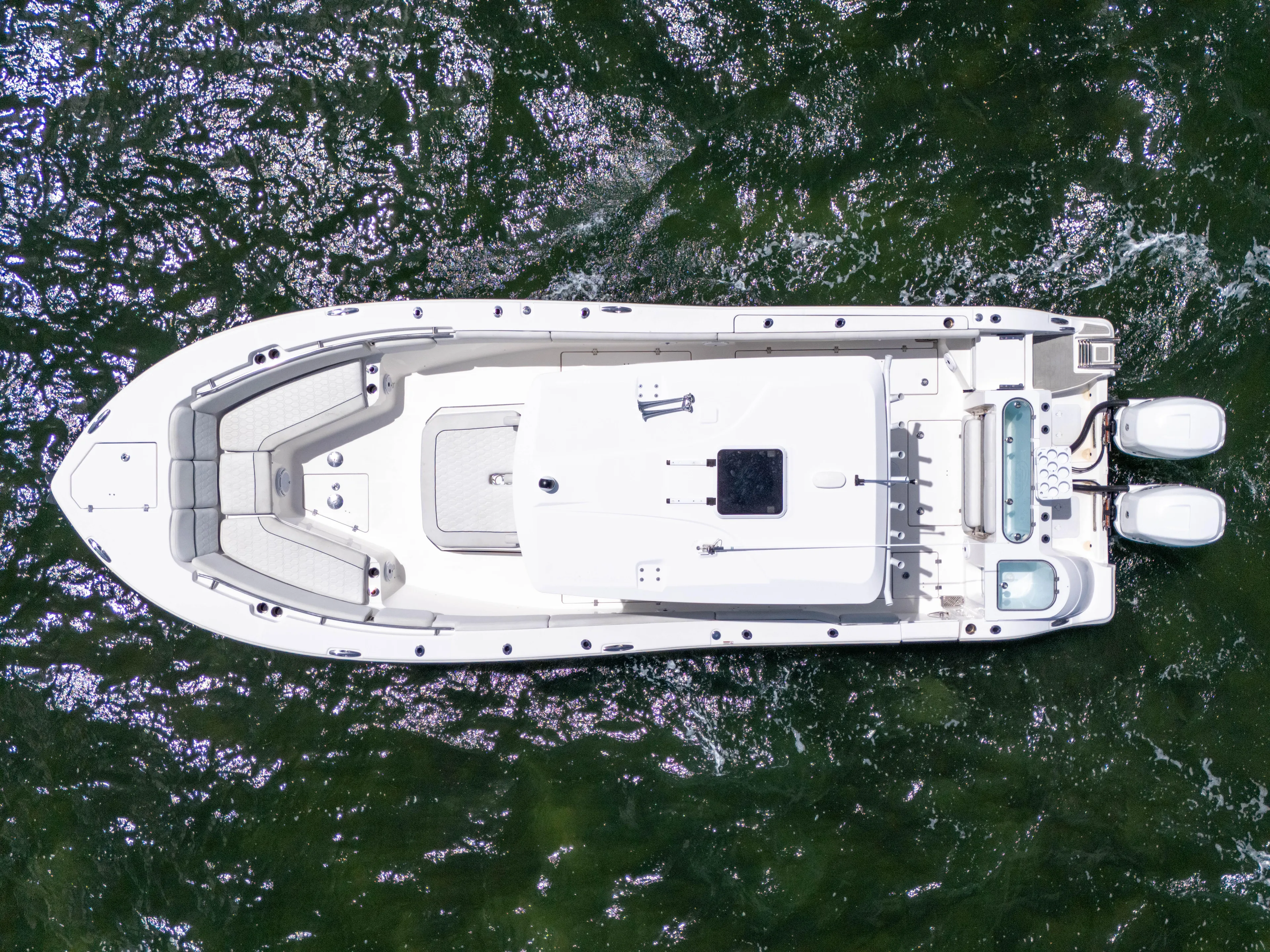  Yacht Photos Pics Aerial view of 2021 Sea Fox 328 Commander boat on water.