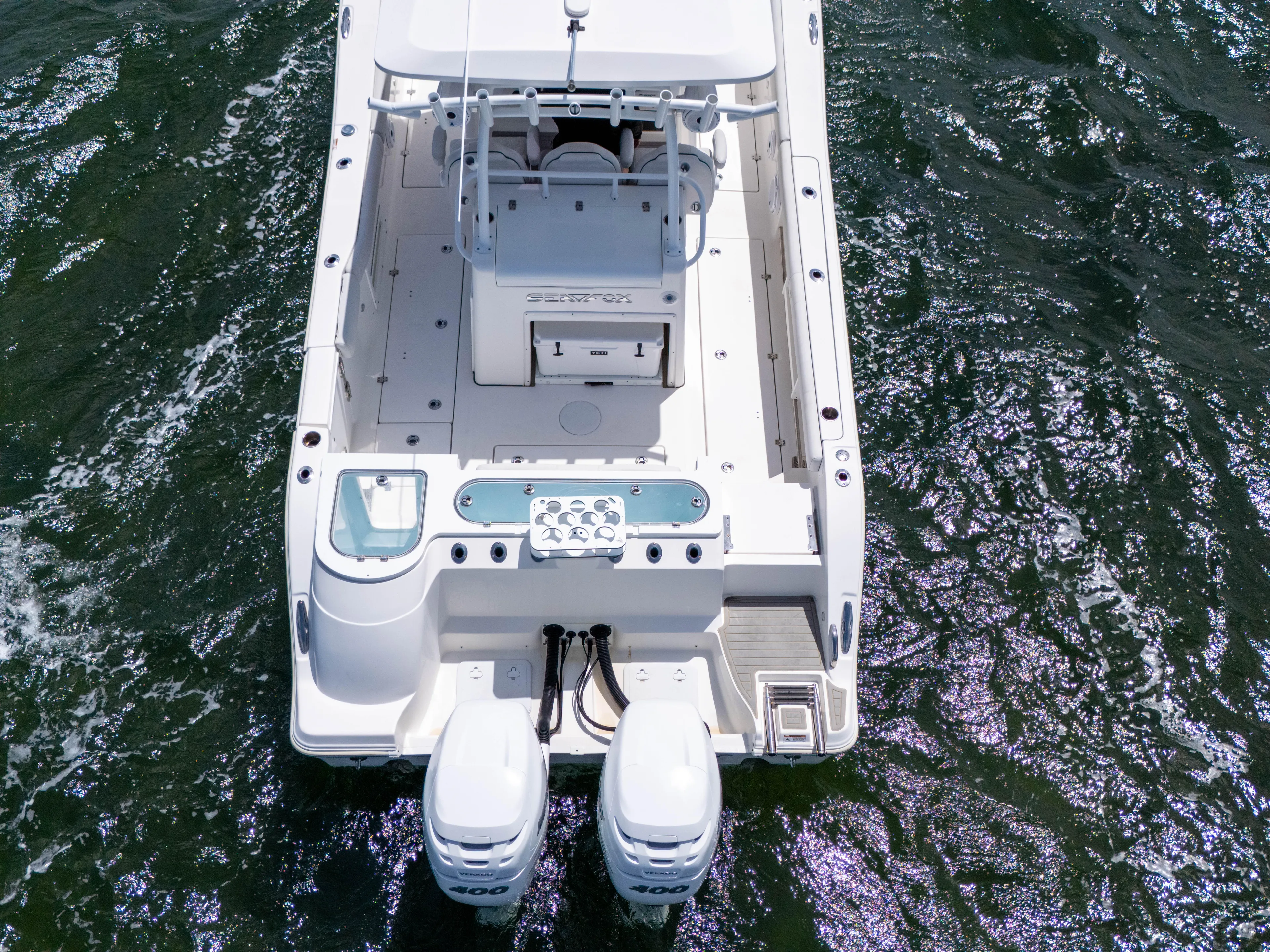  Yacht Photos Pics 2021 Sea Fox 328 Commander boat with dual engines on open water.