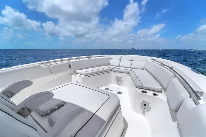  Yacht Photos Pics 2021 Sea Fox 328 Commander boat interior with ocean view and blue sky.