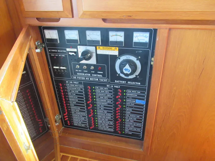 C'est La Vie Yacht Photos Pics Electrical control panel of a 2010 DeFever 48 Offshore yacht.
