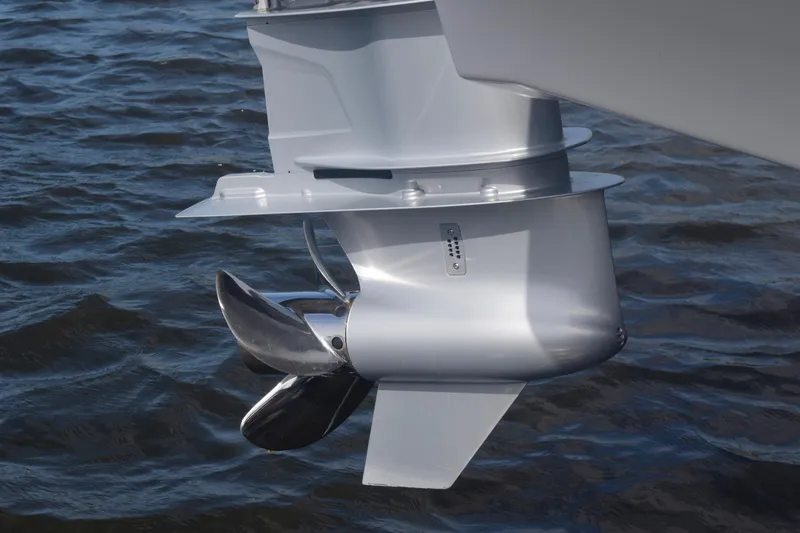  Yacht Photos Pics Close-up of 2025 Monterey 275SS Super Sport boat propeller in water.
