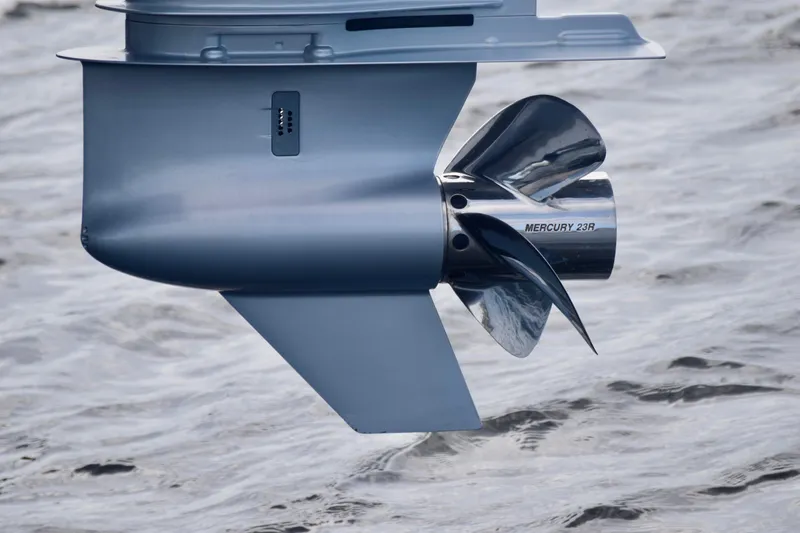  Yacht Photos Pics Close-up of a Mercury 23R propeller on a 2025 Monterey 275SS Super Sport boat.