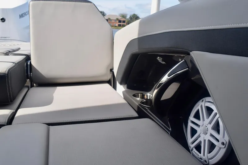  Yacht Photos Pics 2025 Monterey 275SS Super Sport boat interior with sleek seating and speaker system.