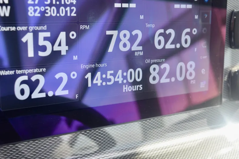  Yacht Photos Pics Dashboard display of 2025 Monterey 275SS Super Sport showing engine metrics and coordinates.