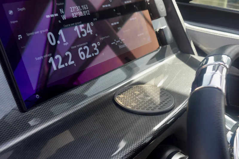  Yacht Photos Pics Dashboard of 2025 Monterey 275SS Super Sport boat with digital display and steering wheel.