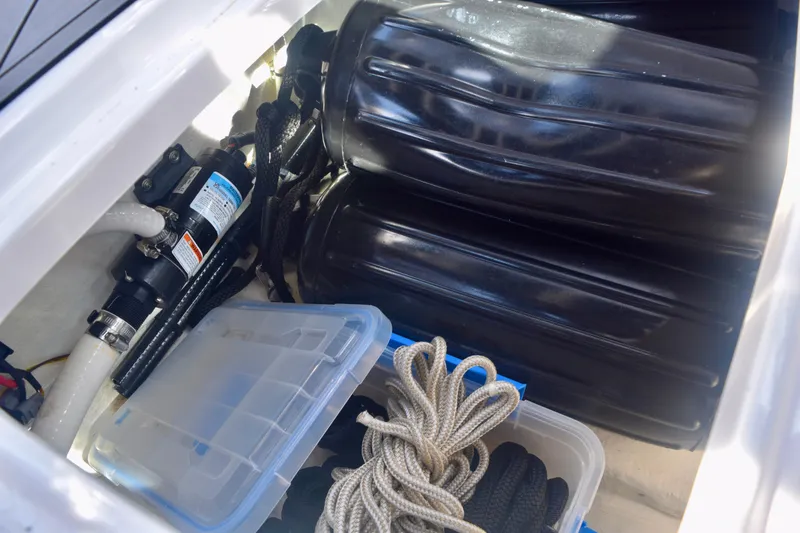  Yacht Photos Pics Storage compartment of 2025 Monterey 275SS Super Sport with ropes and equipment.