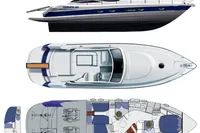 2007 Pershing 50 yacht with side, top, and interior layout views.