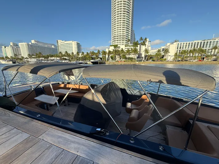  Yacht Photos Pics 2021 Frauscher 1017 GT Air boat docked with cityscape background.