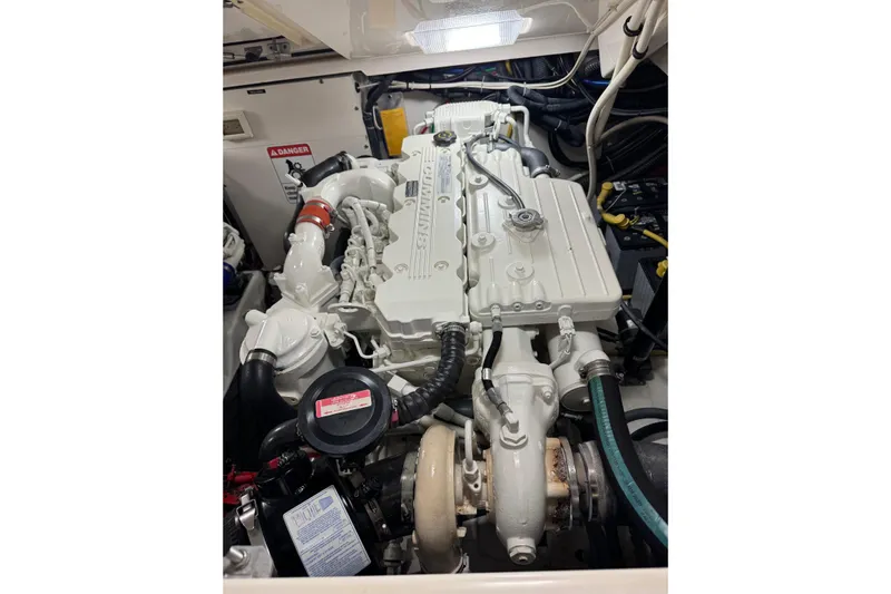  Yacht Photos Pics Engine compartment of a 2008 Tiara Yachts 3200 Open, showcasing detailed mechanical components.