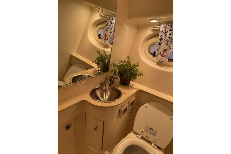  Yacht Photos Pics Luxurious 2008 Tiara Yachts 3200 Open bathroom with sink, toilet, and nautical decor.