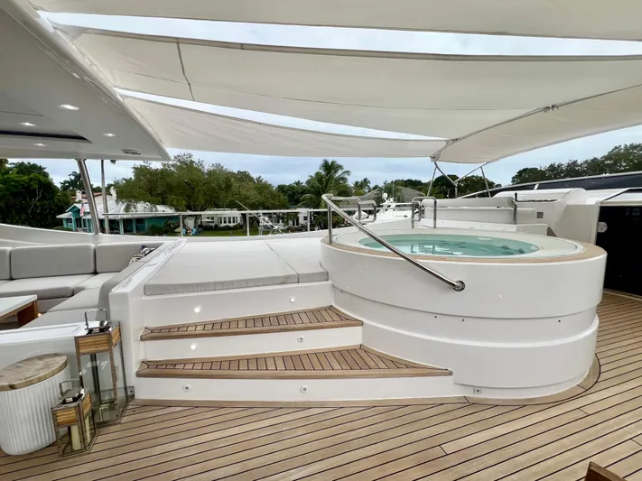Panacea Yacht Photos Pics Luxurious 2011 Mengi Yay 115 MY yacht deck with jacuzzi and seating area.