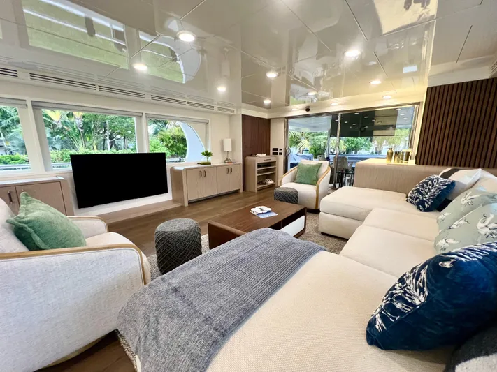 Panacea Yacht Photos Pics Luxurious yacht interior with modern decor, large windows, and comfortable seating on a 2011 Mengi Yay 115 MY.