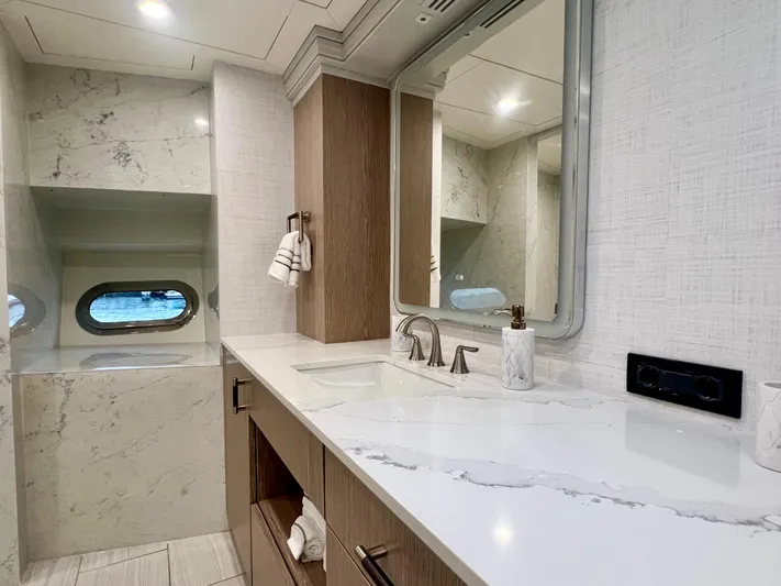 Panacea Yacht Photos Pics Luxurious yacht bathroom with marble countertops, modern fixtures, and elegant design. Mengi Yay 115 MY 2011.