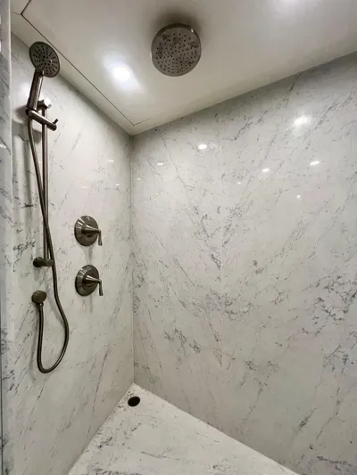 Panacea Yacht Photos Pics Luxurious marble shower in 2011 Mengi Yay 115 MY yacht bathroom.