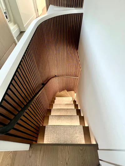 Panacea Yacht Photos Pics Elegant wooden staircase with modern design on Mengi Yay 115 MY yacht, 2011.