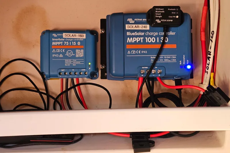 "juniper" Yacht Photos Pics Victron Energy charge controllers in Catalina 400 MkII, 2006 model, with wiring connections.