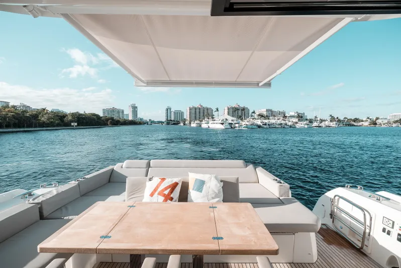 Yacht Photos Pics Luxury 2019 Prestige 590 S yacht with scenic waterfront view.