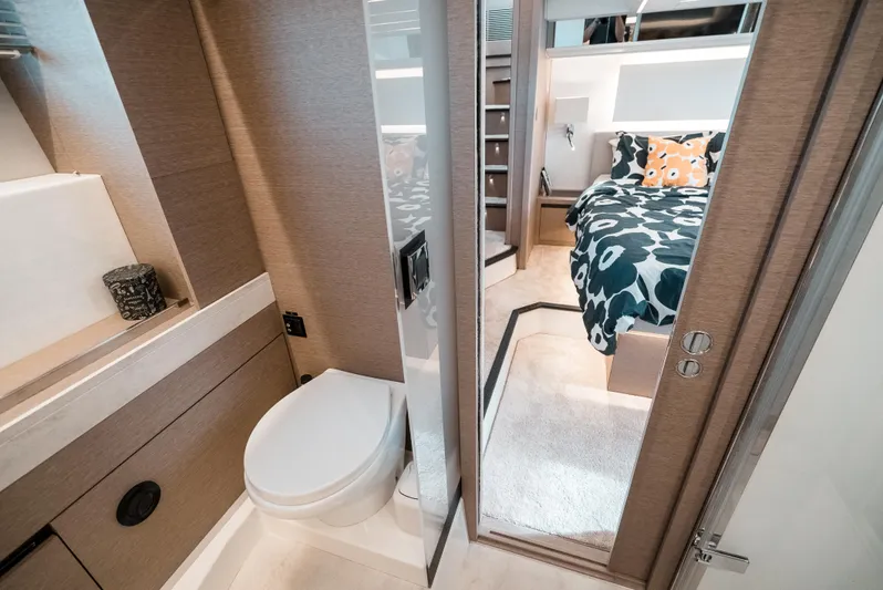  Yacht Photos Pics 2019 Prestige 590 S yacht interior with bathroom and bedroom view.
