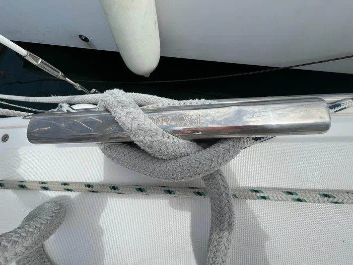 Patange II Yacht Photos Pics Rope tied around a cleat on a 2009 Lagoon 440 catamaran deck.