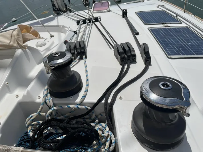 Patange II Yacht Photos Pics Deck of 2009 Lagoon 440 catamaran with winches, ropes, and solar panels.