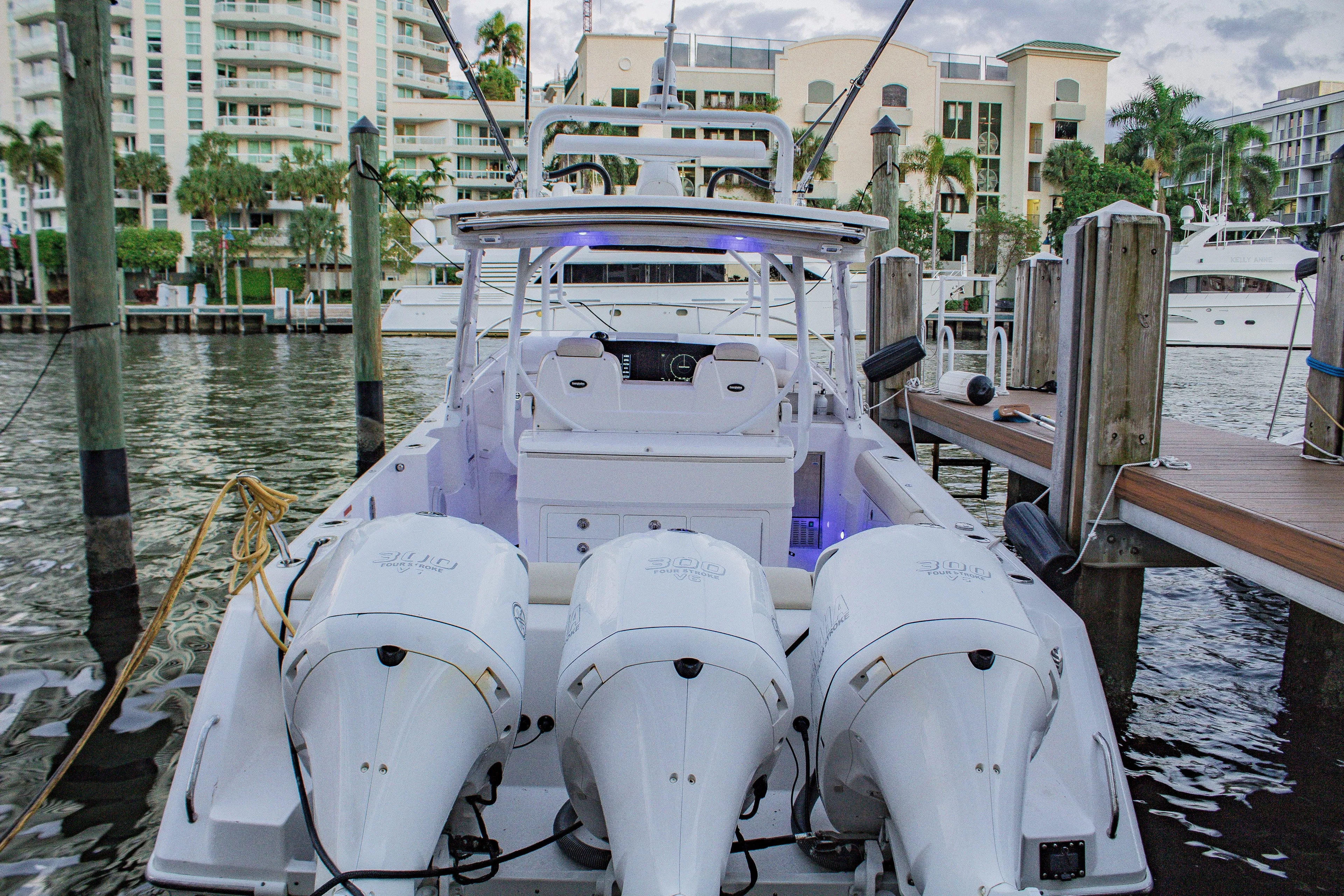  Yacht Photos Pics 2017 Everglades 360 LXC boat docked with triple outboard engines.