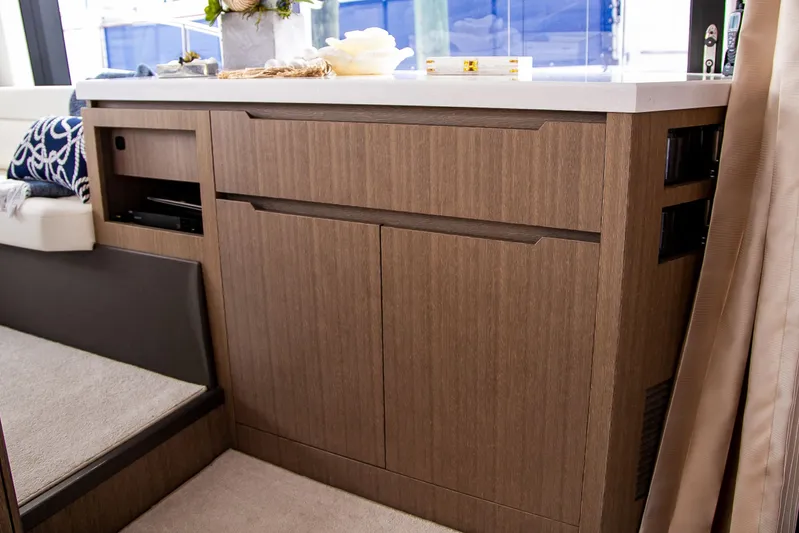  Yacht Photos Pics Interior of 2024 Galeon 470 Sky with wooden cabinetry.