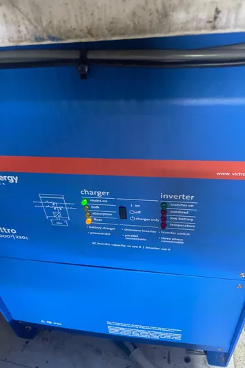  Yacht Photos Pics Blue Victron Energy charger and inverter panel on a 1988 Bayliner 4588 boat.