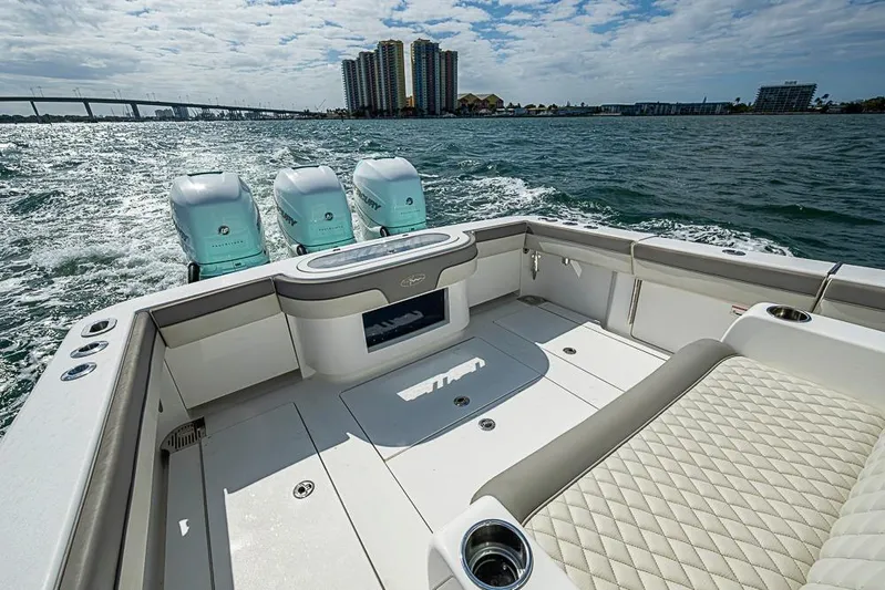 Eos Yacht Photos Pics 2020 Valhalla Boatworks V-37 cruising on open water with triple engines.