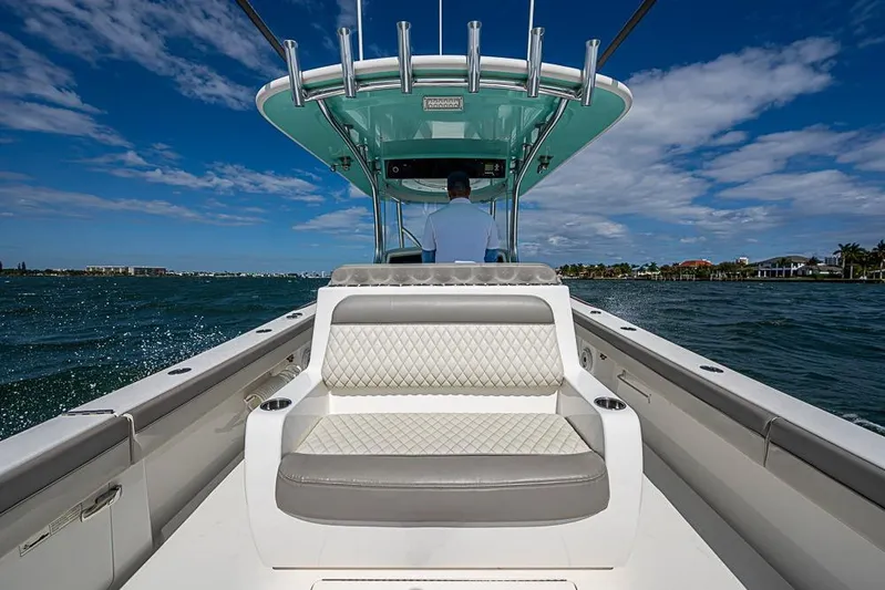 Eos Yacht Photos Pics 2020 Valhalla Boatworks V-37 cruising on open water under clear blue skies.