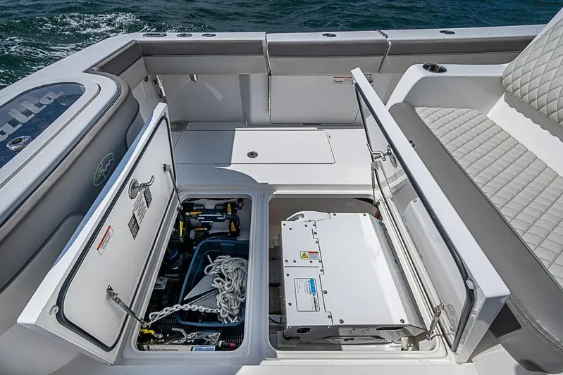 Eos Yacht Photos Pics 2020 Valhalla Boatworks V-37 storage compartments with equipment and seating.