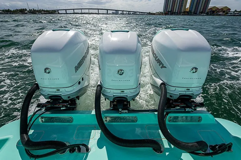 Eos Yacht Photos Pics Triple Mercury outboard engines on a 2020 Valhalla Boatworks V-37, cruising on open water.