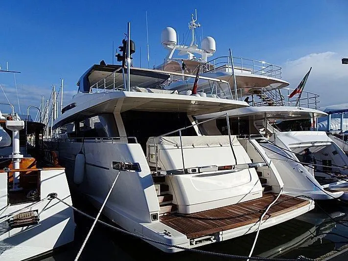  Yacht Photos Pics Sanlorenzo SL94 2013 yacht docked at marina, rear view.