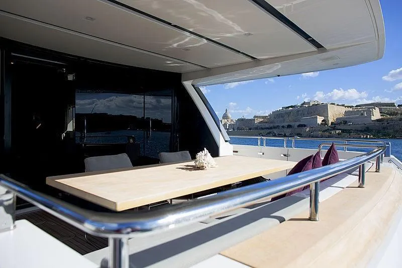  Yacht Photos Pics Luxurious 2013 Sanlorenzo SL94 yacht deck with scenic waterfront view.