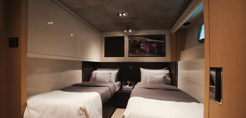  Yacht Photos Pics Luxurious twin bedroom on 2013 Sanlorenzo SL94 yacht, featuring modern decor and ambient lighting.