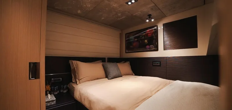  Yacht Photos Pics Luxurious bedroom interior of 2013 Sanlorenzo SL94 yacht with modern decor.