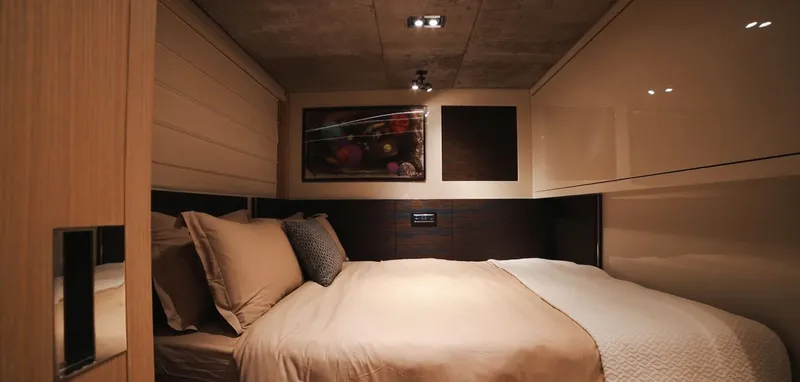  Yacht Photos Pics Luxurious bedroom interior of 2013 Sanlorenzo SL94 yacht with modern decor and cozy bedding.