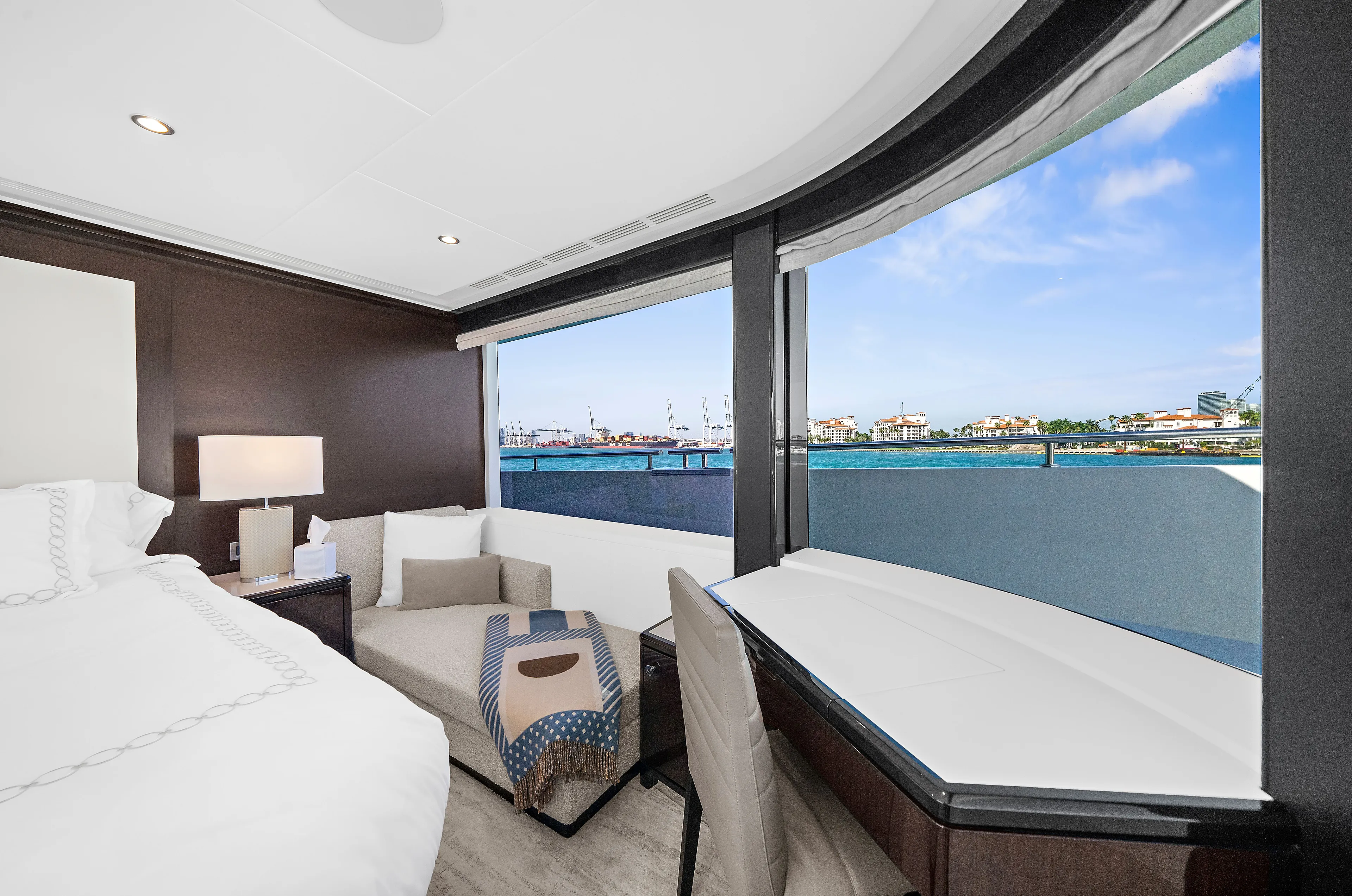 La-la-la Yacht Photos Pics Luxurious cabin of Ocean Alexander 32 L yacht, 2024 model, with ocean view.