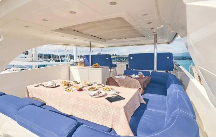  Yacht Photos Pics Luxurious 2009 Sanlorenzo SL88 yacht with elegant outdoor dining area and blue seating.