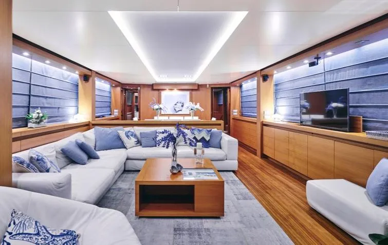  Yacht Photos Pics Luxurious interior of 2009 Sanlorenzo SL88 yacht with modern furnishings and ambient lighting.