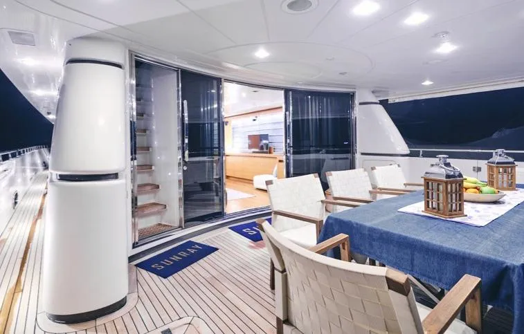  Yacht Photos Pics Luxurious 2009 Sanlorenzo SL88 yacht deck with elegant dining area and modern interior.