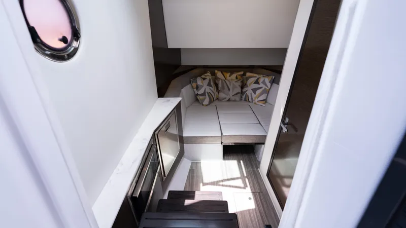  Yacht Photos Pics Interior cabin of 2020 Cruisers Yachts 38 GLS OB with cozy seating and modern design.