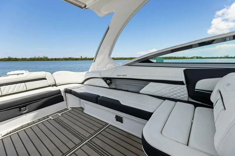  Yacht Photos Pics Luxurious interior of 2022 Regal 33 OBX boat with elegant seating and scenic water view.